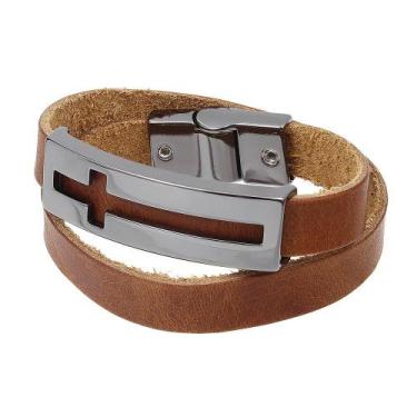 Imagem de Bracelete de Couro Marrom Duas Voltas Masculino Detalhe Cruz Ostral 29