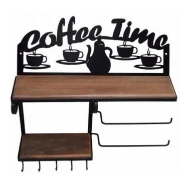 Imagem de Prateleira Rústica Dupla Coffee Time Ferro E Madeira Papel Toalha - Al