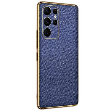 Imagem de Capa para Samsung Galaxy S22/S22 Plus/S22 Ultra, capa de luxo de couro verdadeiro slim fit galvanizada, macia, TPU (poliuretano termoplástico) à prova de choque, proteção para câmera, azul, S22 Ultra 6,8 polegadas
