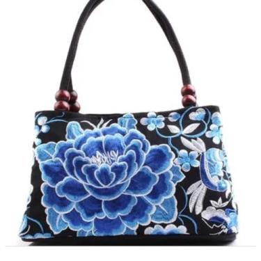 Imagem de Bolsa Oriental Bordada Japonesa Flores Azul