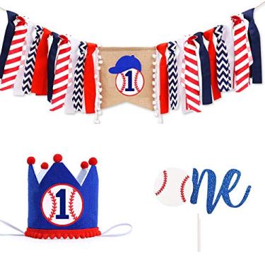 Imagem de 1st Birthday Decoration High Chair One Banner, Handmade Baseball First Birthday Party Supplies Burlap Highchair Banner and One Cake Topper One Hat,1st Birthday Banner For Baby Shower