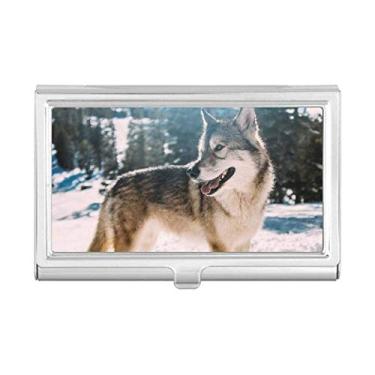 Imagem de Smile White Dog Snow Picture Porta-cartões de visita com imagem de neve