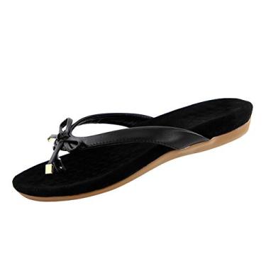 Imagem de Sandálias planas com cadarço chinelos rasos praia laço verão sandálias femininas sandálias divididas sandálias femininas flip (preto, 8)