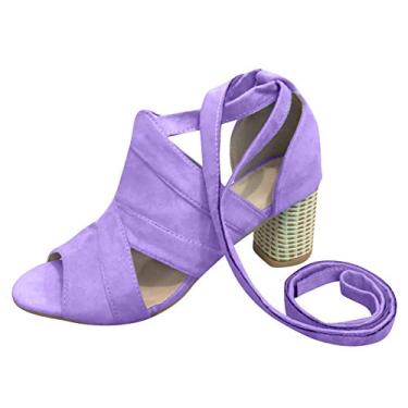 Imagem de Sandálias com tiras para mulheres sandálias com tira de dedo para cima sapatos abertos de renda feminino salto alto tornozelo verão feminino (roxo, 38)