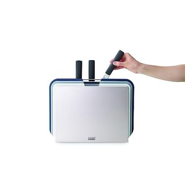 Imagem de Joseph Joseph Conjunto de 6 facas e tábua de corte, facas de cozinha de aço inoxidável e tábuas codificadas por cores em suporte de armazenamento compacto, cinza