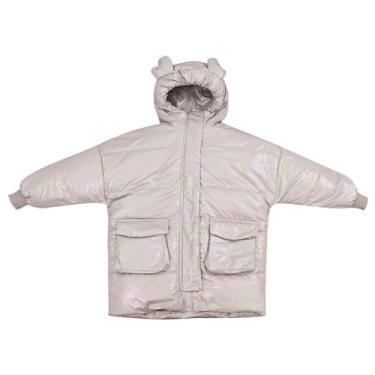 Imagem de Casaco infantil acolchoado quente de inverno com orelhas de urso com capuz e bolsos casaco longo infantil meninas neve, D, 3-4 Anos