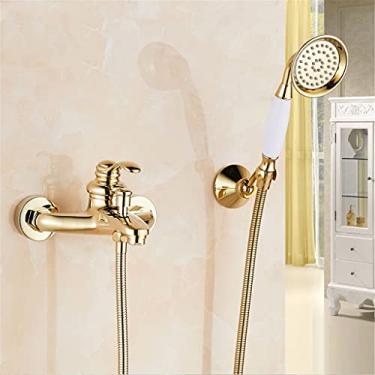 Imagem de Conjunto de chuveiro do banheiro banho fixado na parede mão único punho latão banhado a ouro kit cabeça chuveiro conjuntos torneira do chuveiro elegant