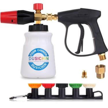 Imagem de DUSICHIN Pistola de lavadora de pressão com canhão de espuma de pescoço largo conector rápido de 1/4 polegada com 5 pontas de bocal de lavadora de pressão e garrafa de sabão de 1L bocal de orifício