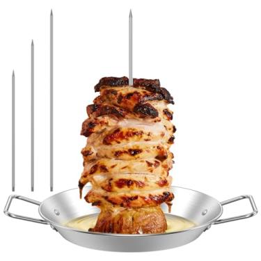 Imagem de Espeto de carne vertical para churrasco em aço inoxidável grelha de espeto vertical com 3 pontas de substituição Suporte para grelha de espeto vertical para churrasco com alça para frango inteiro bife
