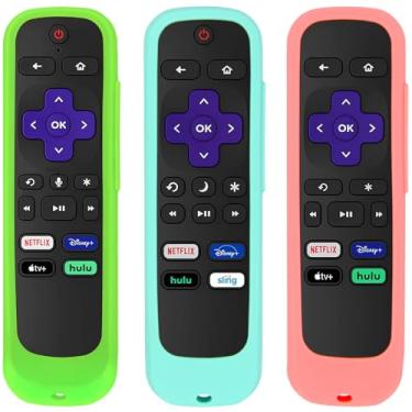 Imagem de [Pacote com 3] Capa de silicone para controle remoto Roku, capa universal para Hisense/TCL Roku TV Steaming Stick/Express Roku TV Remotes com alças (brilho verde, rosa e menta)