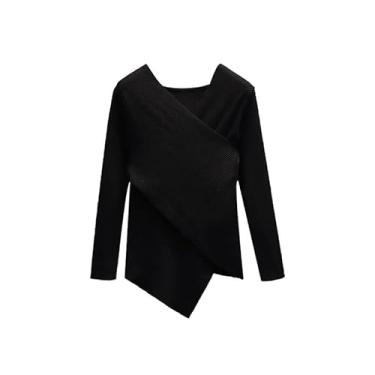 Imagem de LUBOSE Suéter feminino com decote em V suéter feminino leve suéter slim fashion parte inferior (XXL, preto)
