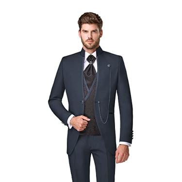 Imagem de Sxfashbrd Ternos masculinos slim fit conjunto de 3 peças dalily blazer jaqueta festa negócios smoking blazer jaquetas para casamento, Azul marino, 3X-Large