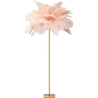 Imagem de Luminária de chão para sala de estar, lâmpadas modernas de penas de avestruz real, luzes LED de piso de poste dourado contínuas, 3 temperaturas de luzes reguláveis, design elegante para quarto, sala
