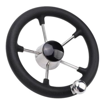 Imagem de Volante de Barco de 11 Polegadas, Volante de Iate de 5 Raios Com Punho de Espuma, Volante Marítimo de Aço Inoxidável 304 Com Tampa Central e Botão Giratório para Veleiros