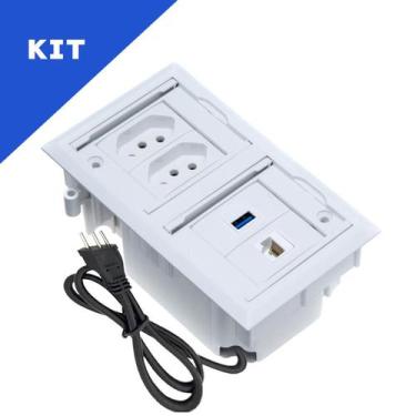 Imagem de Kit Caixas Tomadas Embutir 2 Tom 20A 1 USB Dados 1 RJ-45 BR - CONNECT 