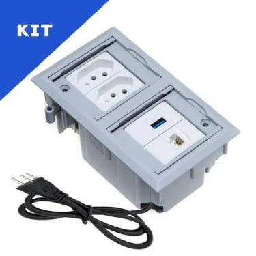 Imagem de Kit Caixas Tomadas Embutir 2 Tom 20A 1 USB Dados 1 RJ-45 CZ - CONNECT 