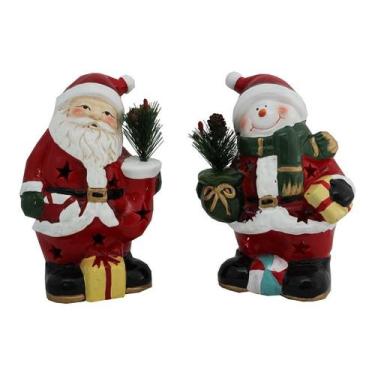 Imagem de Kit 2 Enfeite Cerâmica Luz Led Papai Noel Boneco De Neve 015 - Rio Mas