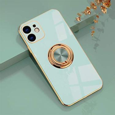 Imagem de Capa Omorro para iPhone 11 com anel de rotação de 360 graus integrado com suporte de anel com revestimento brilhante com borda de ouro rosé funciona com suporte magnético para carro, capa fina macia para mulheres e meninas azul-petróleo