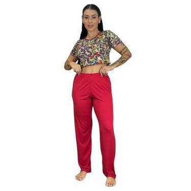 Imagem de Pijama Cropped Estampa Personagem Calça Lisa Confortável Adulto Moda N
