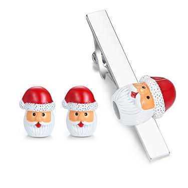 Imagem de Abotoaduras HONEY BEAR para homens de aço inoxidável Papai Noel, presente de Natal com caixa (conjunto de abotoaduras e clipe de gravata)