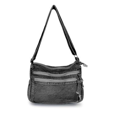 Imagem de AdiStylinno Bolsas jeans para mulheres, bolsa jeans de grande capacidade, bolsa de ombro retrô de lona, bolsa Hobo leve, bolsa tiracolo, Preto, 30 x 14 x 21 cm / 11.81 x 5.51 x 8.27 inches