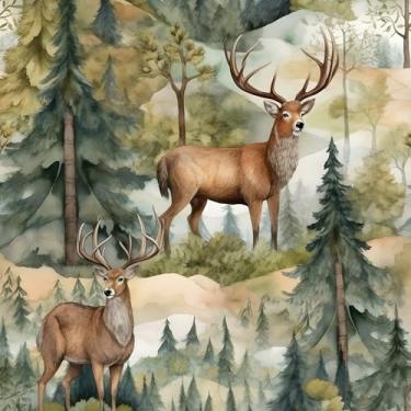 Imagem de Papel de parede verde floresta descascar e colar, papel de contato de veado marrom 44 cm x 998 cm, papel de parede autoadesivo de animais de alce à prova d'água para quarto, bancada, armários de mesa,