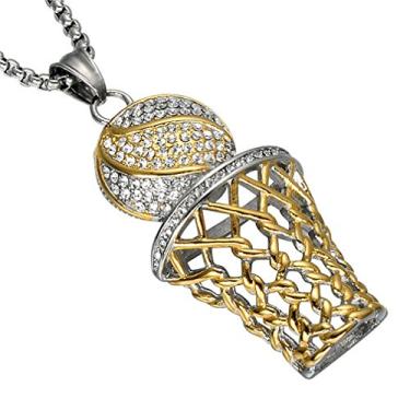 Imagem de SINLEO Colar masculino Hiphop Iced Out Diamante Mini com pingente de aro de basquete Corrente de aço inoxidável