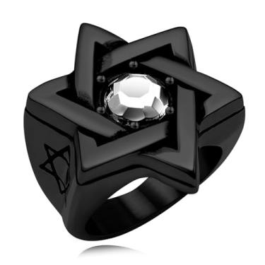 Imagem de Oaldilee Anel Estrela de Davi para homens e mulheres, ouro 18 quilates, aço inoxidável, vintage, zircônia cúbica, proteção de amuleto, tamanho 7-14, Metal, Zircônia cúbica