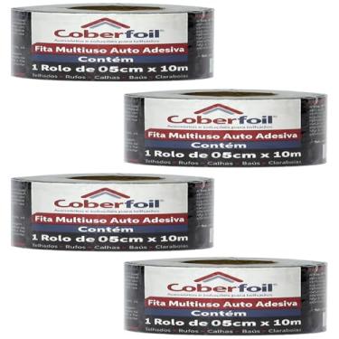 Imagem de Jogo 4 Rolos de Manta Asfáltica Adesiva Multiuso Metalizada 5cmx10m Auto Colante Vedação para Telhados Calhas Rufos Alta Resistência e Durabilidade Vazamentos Vedação Refletiva Aluminizada