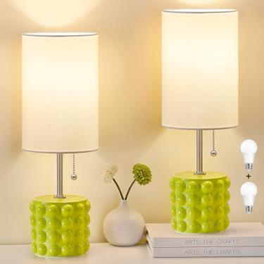 Imagem de GyroVu Conjunto De 2 Abajures De Mesa De Cerâmica, Abajures Pequenos De Cabeceira, Abajures Modernos De Mesa De Cabeceira Com Corrente E Abajur De Tecido, Abajur De Mesa Verde Para Quarto, Sala De E