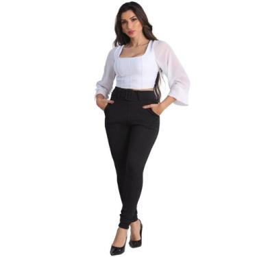 Imagem de Calça Feminina Crepe Calca Com Cinto Forrado Skinny Cintura Alta Socia