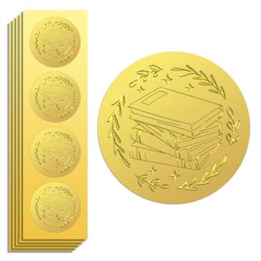 Imagem de Peacoblue Adesivo de folha dourada em relevo Uma pilha de livros 5 cm 100 peças, adesivo autoadesivo dourado em relevo para certificado de convite Envelope Seal Gift Card Decor