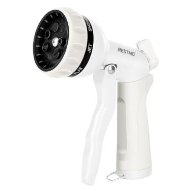 Imagem de RESTMO Bocal de mangueira de jardim, bocal de mangueira de água de metal resistente com 7 padrões de pulverização ajustáveis, pulverizador manual de alta pressão com controle de fluxo, melhor para