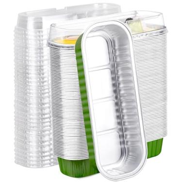 Imagem de EUSOAR Formas de pão de alumínio, 100 peças de formas de cozimento de folha de 200 ml com tampas recipientes retangulares para suflê, ramequins descartáveis de alumínio, forros de muffin para festa de