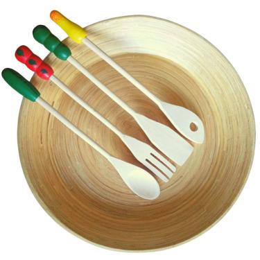 Imagem de Saladeira Bambu 35cm Com Utensílios Madeira 5 Peças - Saldão
