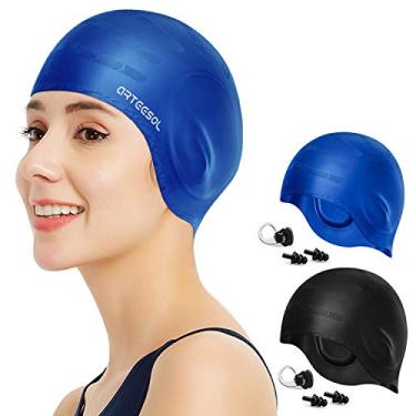 Imagem de Touca de natação, touca de natação de silicone para mulheres e homens, touca de natação durável antiderrapante impermeável protege as orelhas, cabelo comprido para adultos, crianças mais velhas