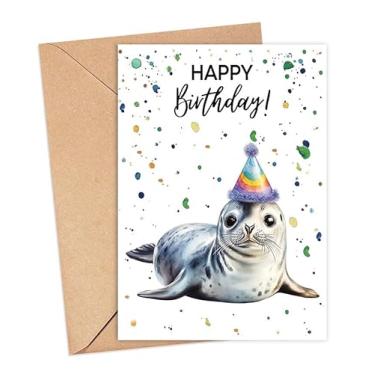 Imagem de Cartão de aniversário selo com chapéu de festa - cartão de feliz aniversário - presente de selo - nascimento de animais de safári zoológico - cartões de comemoração de zoológico - cartões de aquarela