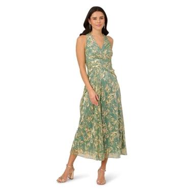 Imagem de Adrianna Papell Vestido midi feminino com decote em V e saia macia, Sálvia/dourado, 40