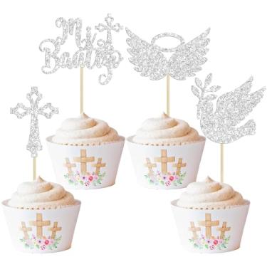 Imagem de Gyufise 24Pcs God Bless Mi Bautizo Cupcake Toppers Glitter Dove Cross Baptism Cupcake Picks for Religious God Bless Baptism Theme Baby Shower Kids Birthday Party Decorations Supplies Silver