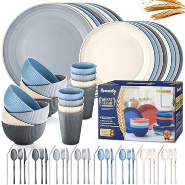 Imagem de Conjuntos de louça de palha de trigo, 64 peças de pratos e tigelas para 8 peças, inquebráveis, reutilizáveis, prato de jantar, prato de sobremesa, tigela de cereal, xícara/utensílios, pode ser lavado