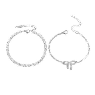 Imagem de Tornozeleiras femininas de ouro banhado a ouro 14 k com laço banhado a ouro 14 quilates, corrente de tênis de zircônia cúbica, fofo, conjunto de tornozeleira com nó de strass, joia moderna para pés de