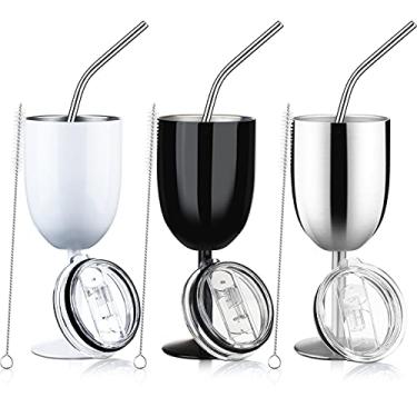 Imagem de Geiserailie Copos de vinho com haste de aço inoxidável com tampa copo de vinho isolado de parede dupla com canudo e pincel de canudo 293 g copos para presentes de verão (preto, branco, prata, 3 peças)