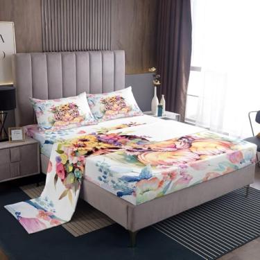 Imagem de Feelyou Jogo de lençol casal com estampa de tigre de desenho animado de safári e gato, com bolso alto, flor, estampa floral, estilo vida selvagem