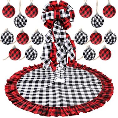 Imagem de Decorações de Natal de búfalo xadrez para árvore de Natal, coroa de arco, saia para árvore de Natal, 16 peças de enfeites de bola xadrez de búfalo penduradas para decoração de árvore de Natal (vermelho, preto e branco)