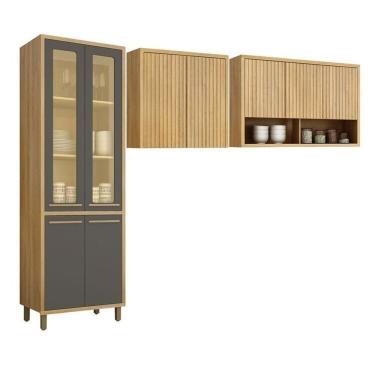 Imagem de Conjunto De Cozinha Armário Paneleiro 4 Portas Com Vidro E 2 Armários Aéreo Ripado Torino Cinamomo-grafite
