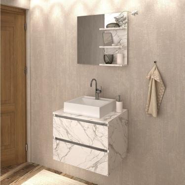 Imagem de Conjunto De Banheiro Com Gabinete Suspenso 2 Gavetas E Espelheira Com 3 Prateleiras Mármore/branco