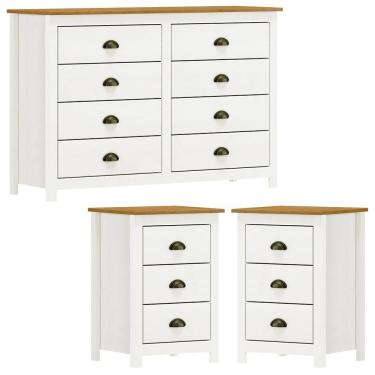 Imagem de Comoda 8 Gavetas 02 Mesas De Cabeceira 3 Gavetas Madeira Maciça Branco Freijo Milani Store