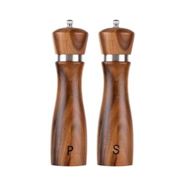 Imagem de Conjunto de moedor de sal e pimenta de madeira, saleiro e pimenteiro recarregável com espessura ajustável, madeira de acácia com núcleo de cerâmica para temperos e especiarias, pacote de 5 a 21 cm