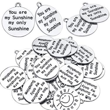 Imagem de Pingentes de palavras inspiradoras, 30 peças de pingentes com letras (you are my sunshine my only sunshine) Berloques de miçangas joias achados para colar pulseira DIY - Design de dupla face, Metal