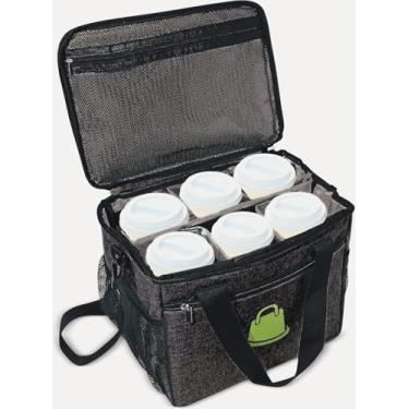 Imagem de Good E's Porta-bebidas reutilizável com alça – Suporte de copo de café isolado – Porta-copos portátil para 6 xícaras com alça de ombro para entrega – Porta-bebidas dobrável com divisórias ajustáveis e